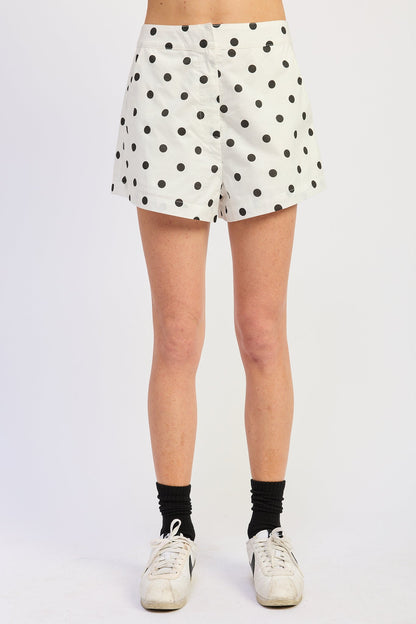 Emory Park Lola Shorts in off-white and black polka dot fabric, casual women's shorts with a relaxed fit.