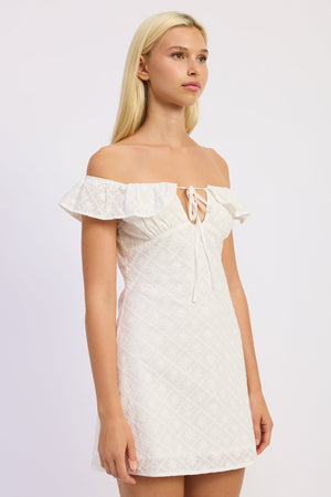 Emory Park Grace Mini Off Shoulder Dress in off-white fabric, featuring a stylish off-shoulder design and fitted silhouette.