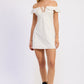Emory Park Grace Mini Off Shoulder Dress in off-white fabric, stylish short dress with off-shoulder design and feminine silhouette.