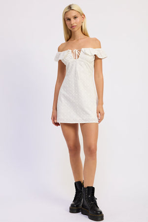 Emory Park Grace Mini Off Shoulder Dress in off-white fabric, stylish short dress with off-shoulder design and feminine silhouette.