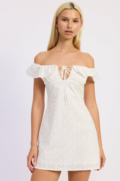 Emory Park Grace Mini Off-Shoulder Dress in off-white, showcasing the stylish off-shoulder neckline and fitted silhouette.