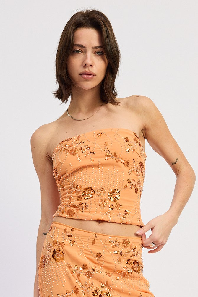 Orange Iris Tube Top by Emory Park, sleeveless and fitted with a scoop neckline, displayed on a neutral background.