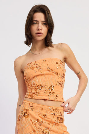 Orange Iris Tube Top by Emory Park, sleeveless and fitted with a scoop neckline, displayed on a neutral background.