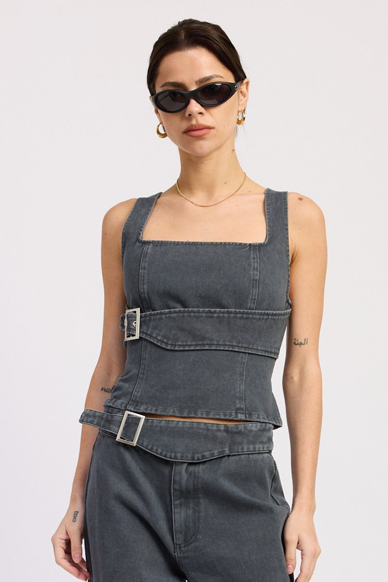 Emory Park Celandine Top in washed denim, featuring a casual sleeveless design with a round neckline and relaxed fit.