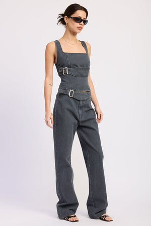 Emory Park Celandine Top in washed denim, featuring a casual sleeveless design with a relaxed fit and subtle stitching details.