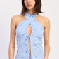 Blue striped Zoey halter top by Emory Park, sleeveless design with tie neck and relaxed fit, perfect for casual summer wear.