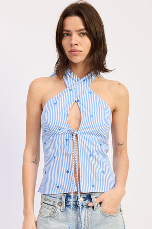 Blue striped Zoey halter top by Emory Park, sleeveless design with tie neck and relaxed fit, perfect for casual summer wear.