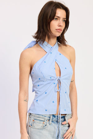 Emory Park Zoey halter top with blue stripe pattern, sleeveless design, and tie neckline.