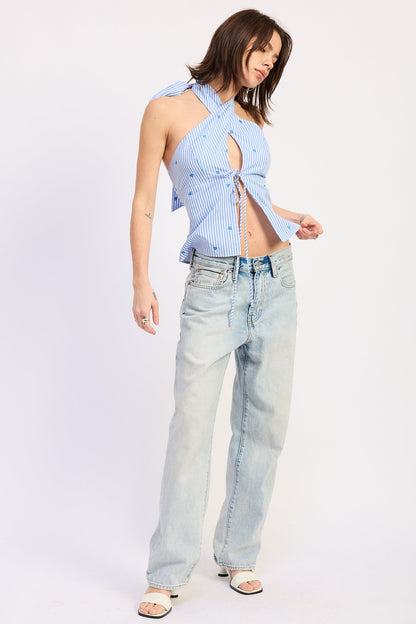 Blue and white striped Zoey halter top from Emory Park, featuring a stylish neckline and lightweight fabric.