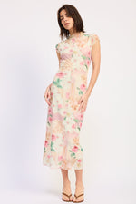 Emory Park Julie midi dress in ivory rose pink with a flowy silhouette and elegant design, displayed on a hanger.