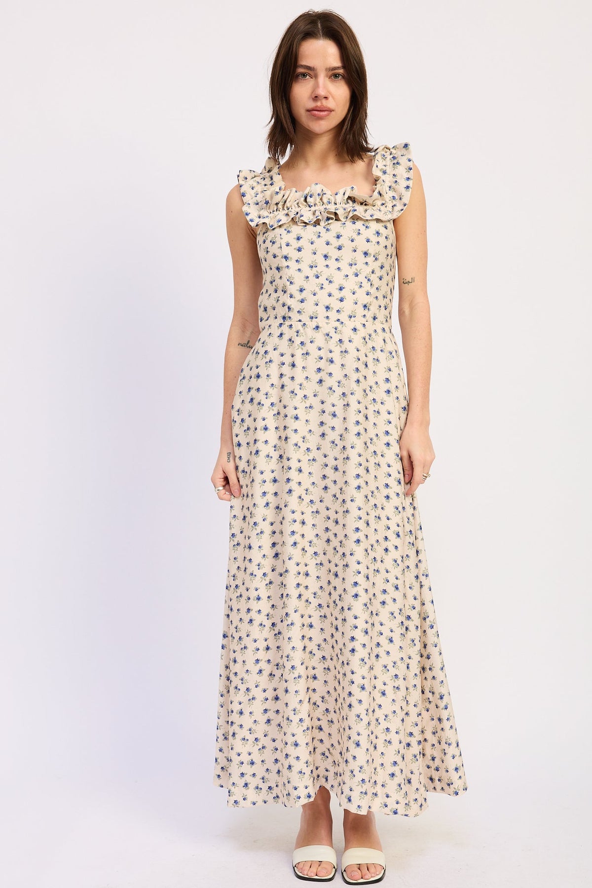 Emory Park Kinsley Midi Dress in blue and multi-color pattern, featuring a flowing, stylish design perfect for casual or semi-formal wear.