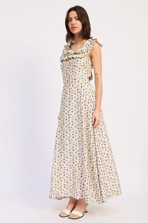 Emory Park Kinsley Midi Dress in blue multi with floral pattern, lightweight fabric, and flowing silhouette.
