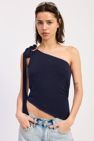 Navy Emory Park Karla Top, a stylish women's blouse with a relaxed fit and lightweight fabric, shown on a hanger.