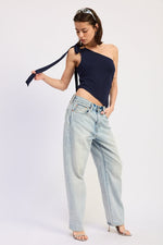 Navy Karla Top by Emory Park showing a stylish, casual short-sleeve blouse with a relaxed fit and subtle neckline detail.