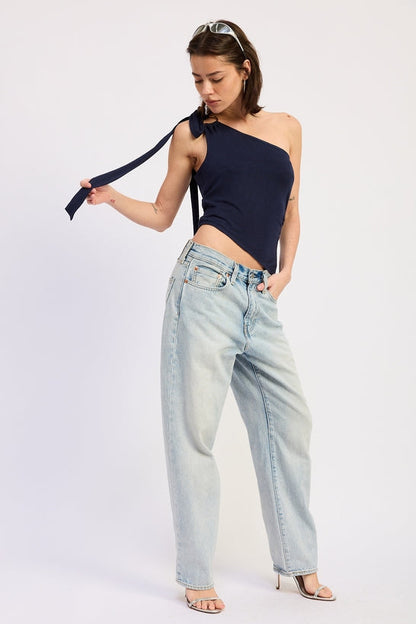 Navy Karla Top by Emory Park showing a stylish, casual short-sleeve blouse with a relaxed fit and subtle neckline detail.