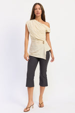 Beige Emory Park Willow top displayed on a hanger, showcasing its casual style and soft fabric for everyday wear.