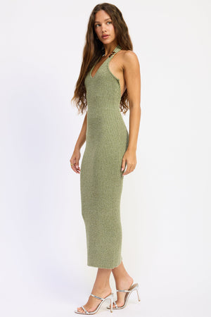 Emory Park Kerensa midi dress in green, showcasing a stylish, flowing dress with a fitted waist and elegant design.