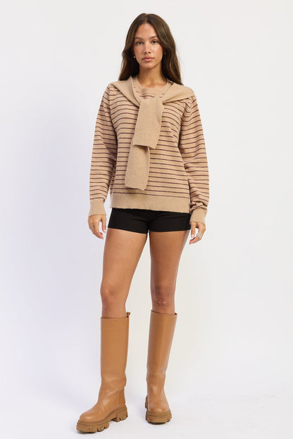 Beige and merlot striped Emory Park Hailey Sweater featuring a cozy knit design and long sleeves.