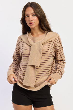 Beige and merlot striped Emory Park Hailey Sweater with a cozy knit texture and long sleeves, displayed on a hanger.