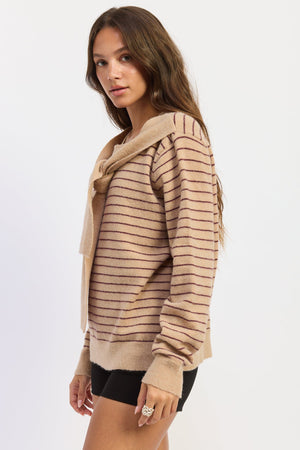 Emory Park Hailey Sweater in beige and merlot stripe, cozy knit with long sleeves and round neckline, casual style.