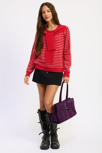 Red blush striped Hailey Sweater by Emory Park, featuring a cozy knit design and classic fit, shown on a model.