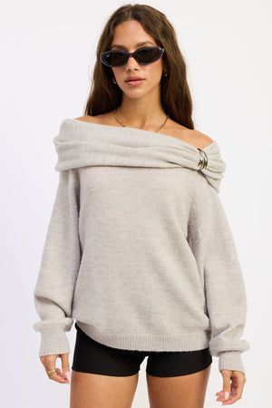 Grey Nadia Sweater by Emory Park, showing a cozy knit sweater with a relaxed fit and ribbed cuffs and hem.