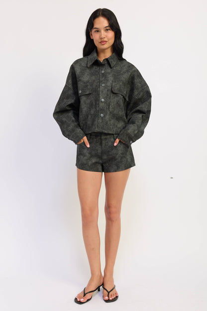 Black Emory Park Halle Jacket with a stylish collar and zipper closure, displayed on a plain background.