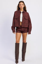 Emory Park Halle Jacket in burgundy, stylish outerwear with a fitted design, shown on a model.