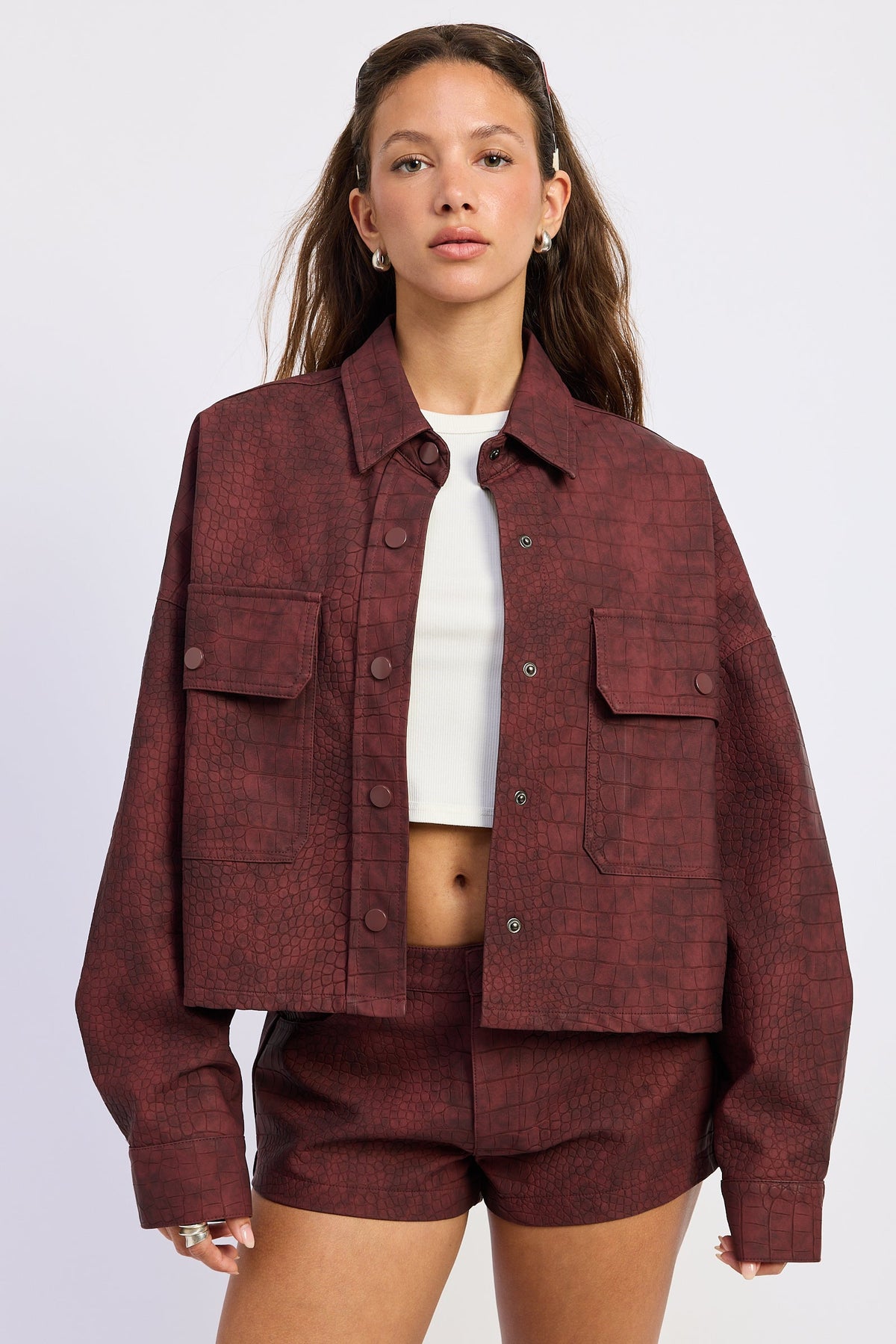 Emory Park Halle Burgundy jacket with front zipper and side pockets, stylish outerwear for fall and winter.