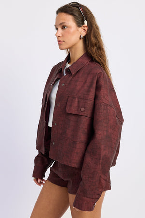 Emory Park Halle Jacket in burgundy, stylish jacket with a zip-up front and adjustable cuffs, perfect for casual wear.