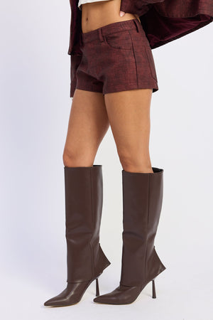 Emory Park Halle suede shorts in burgundy, featuring a stylish fit and soft suede fabric, perfect for casual wear.