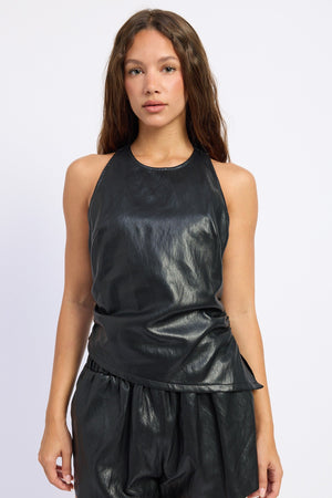 Black Nora Halter Top by Emory Park, showcasing its stylish halter neckline and sleek fit on a model.