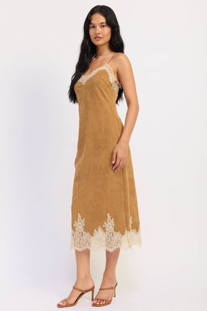 Emory Park Iria Midi Dress in camel color, stylish women's dress with a flowy silhouette and elegant design.