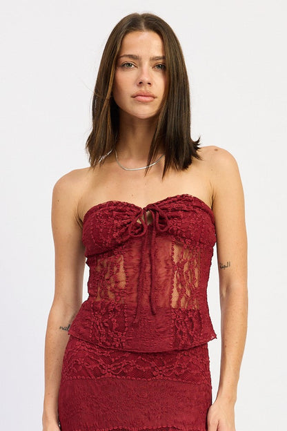 Emory Park burgundy tube top from Zara, sleeveless camisole with fitted style, shown on a model.