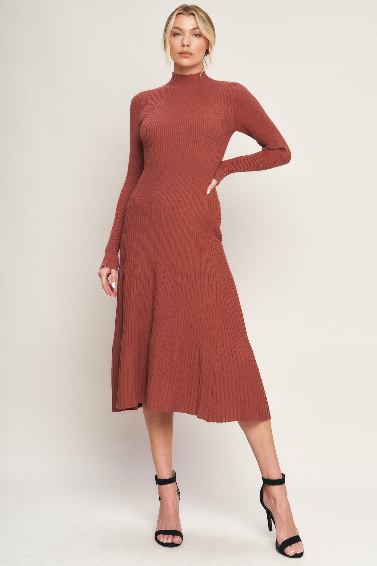 Rust-colored Stolen Kisses Sweater Midi Dress by Flying Tomato featuring a cozy, relaxed fit and stylish design.