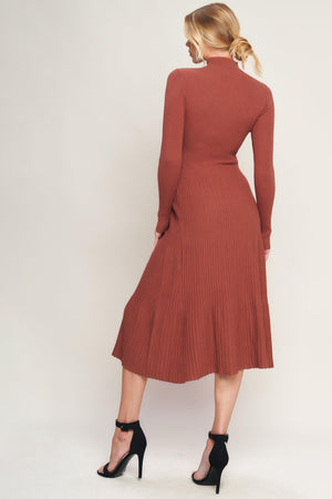 Rust-colored Stolen Kisses Sweater Midi Dress by Flying Tomato, featuring a cozy knit sweater style with a relaxed fit.