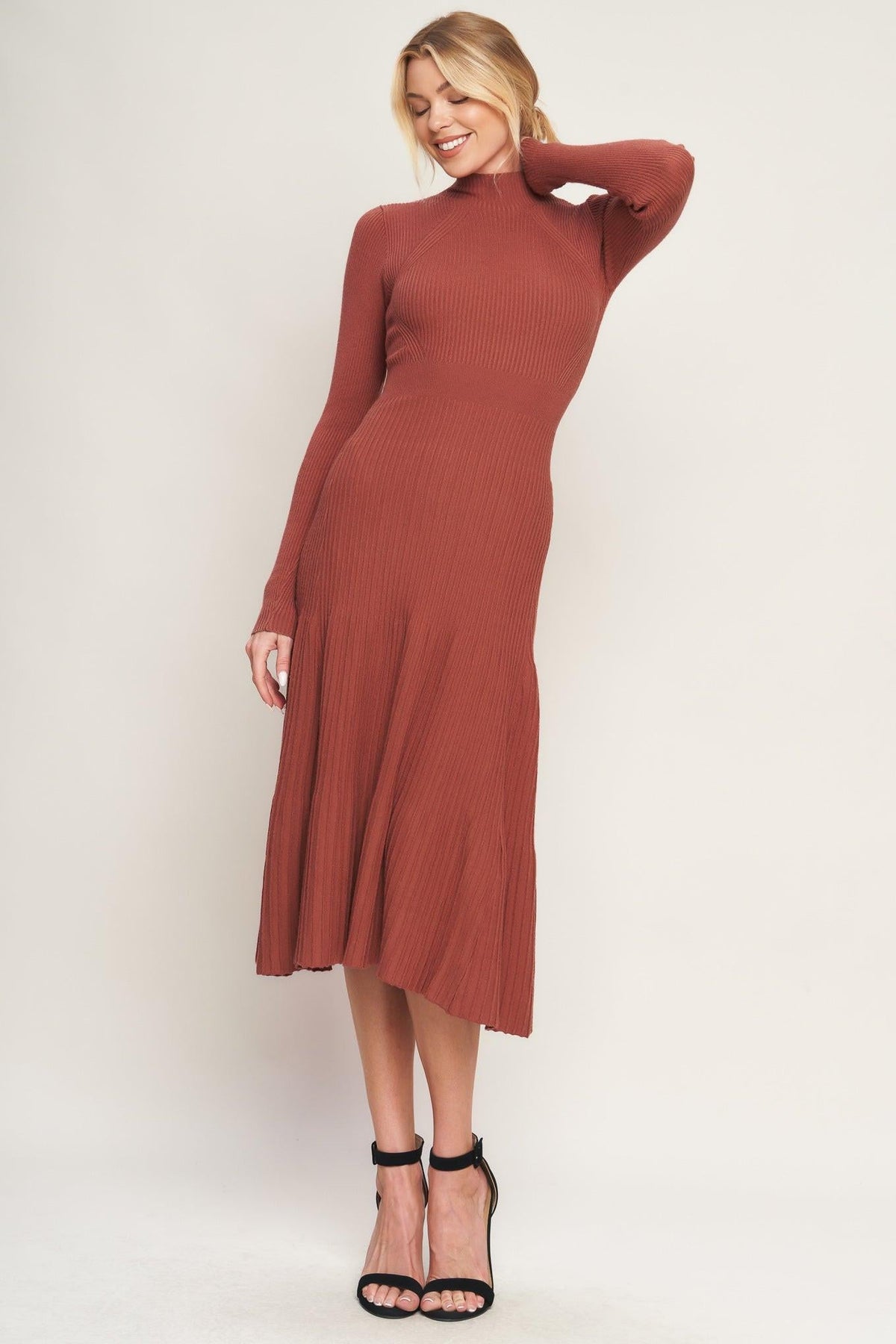 Rust-colored Stolen Kisses Sweater Midi Dress by Flying Tomato, featuring a cozy knit sweater design and stylish midi length.