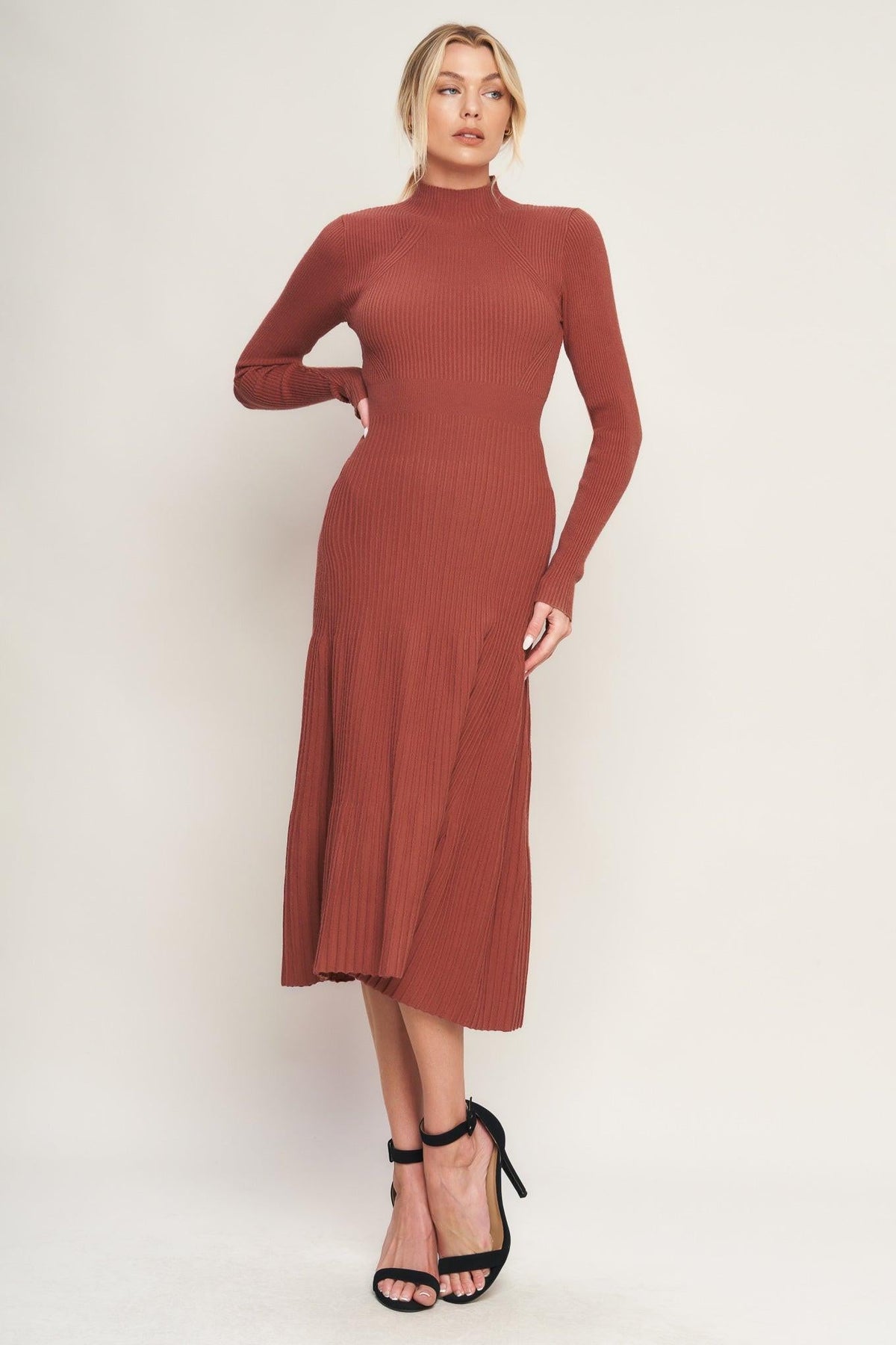 Rust-colored Stolen Kisses sweater midi dress by Flying Tomato, featuring a cozy sweater dress design with a relaxed fit.