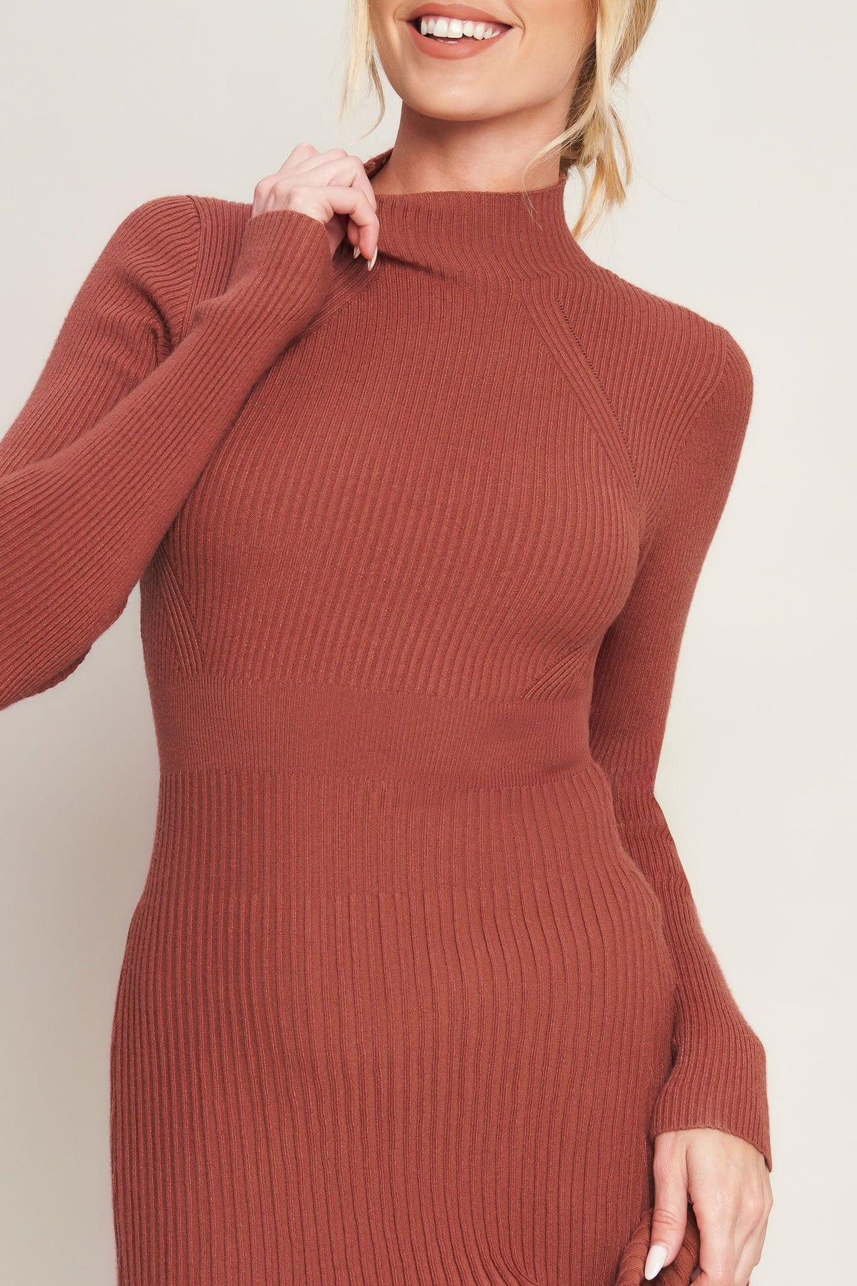 Rust-colored Stolen Kisses Sweater Midi Dress by Flying Tomato, featuring a cozy sweater material and midi length silhouette.
