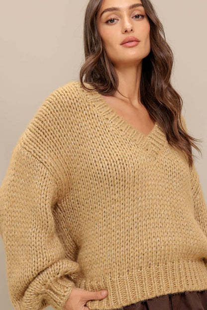 Flying Tomato earthy touch sweater knit top in camel gold, featuring a cozy, textured sweater with a relaxed fit.