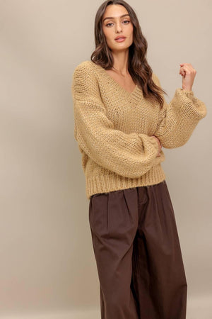 Flying Tomato earthy touch sweater knit top in camel gold, featuring a cozy, textured knit design perfect for casual wear.