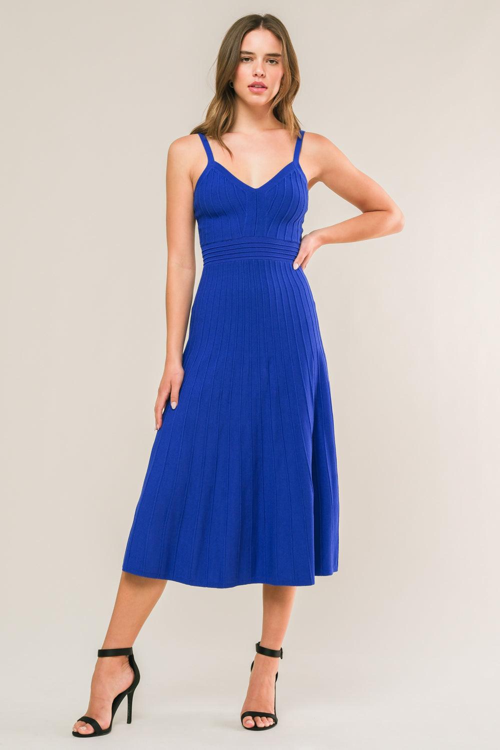 Blue Flying Tomato Breezy Walks Knit Midi Dress, stylish sweater dress with a comfortable fit and soft knit fabric.