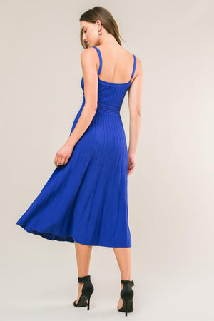 Flying Tomato Breezy Walks knit midi dress in blue, featuring a comfortable sweater design and relaxed fit.