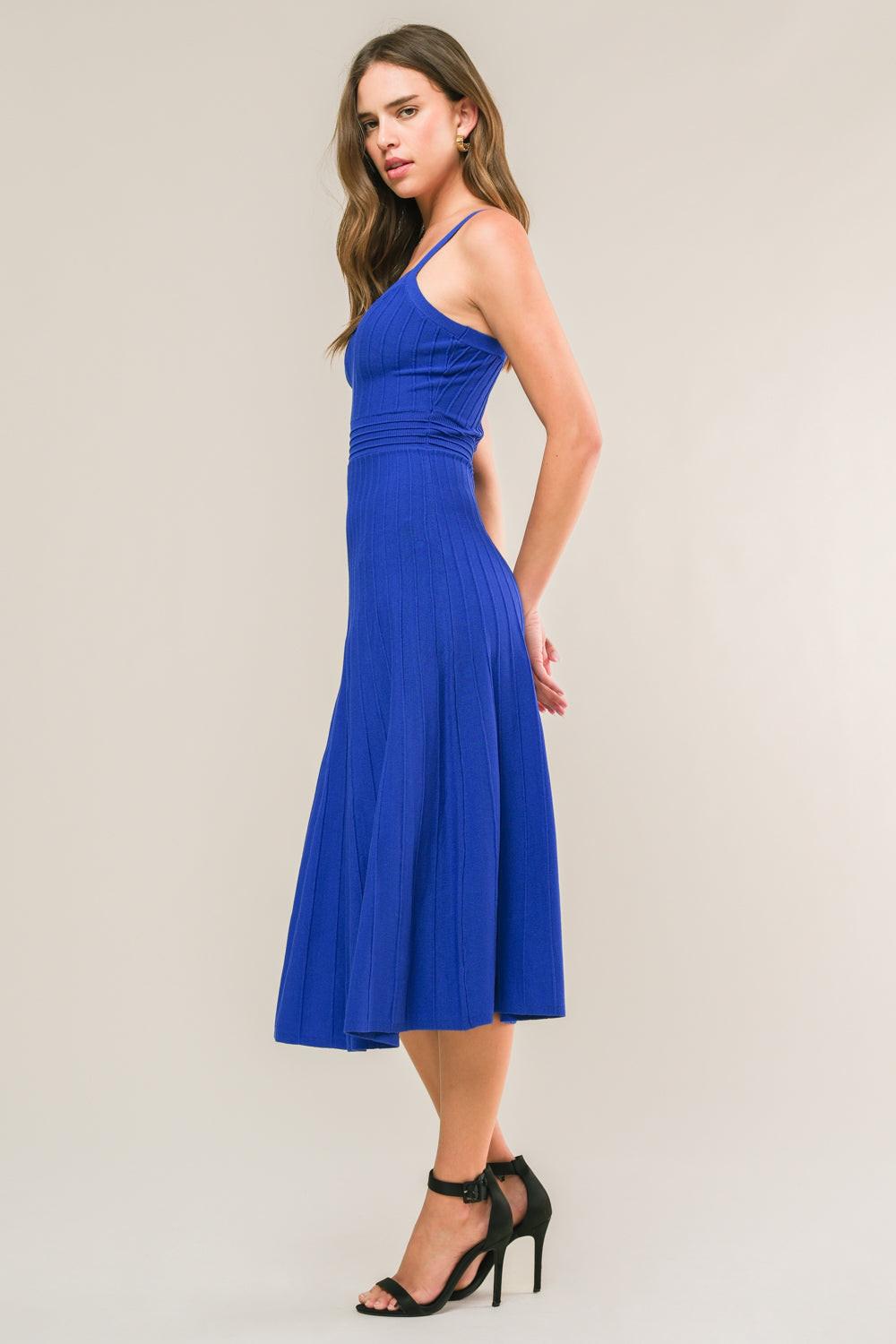 Blue Flying Tomato Breezy Walks Knit Midi Dress, a cozy sweater dress with a relaxed fit and soft knit fabric.