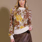 Olive brown jacquard pullover sweater top by Flying Tomato, featuring intricate woven pattern and cozy knit fabric.