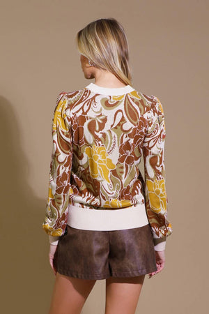 Flying Tomato keeping tabs jacquard pullover sweater top in olive brown with intricate woven pattern, long sleeves, and cozy fit.