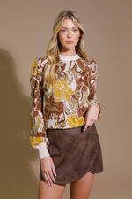 Flying Tomato Keeping Tabs jacquard pullover sweater top in olive brown with intricate knit pattern and cozy fit.