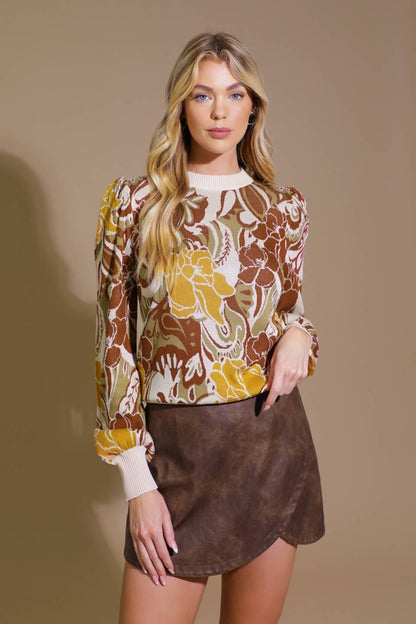 Flying Tomato Keeping Tabs jacquard pullover sweater top in olive brown with intricate knit pattern and cozy fit.