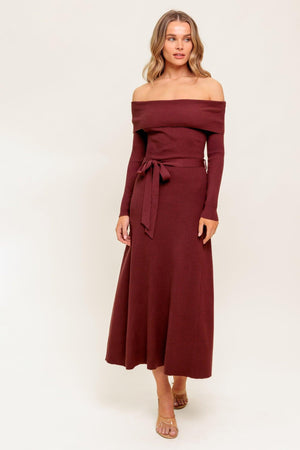 Flying Tomato All a Fantasy sweater midi dress in brown, featuring a cozy knit sweater style with a fitted silhouette.