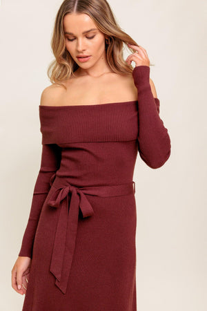 Flying Tomato All A Fantasy Sweater Midi Dress in brown, featuring a cozy knitted sweater style with a flowing midi length.